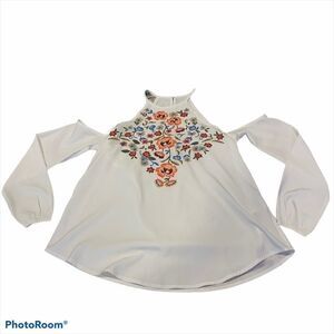 A&F floral crocheted cold shoulder halter neck long sleeve white blouse